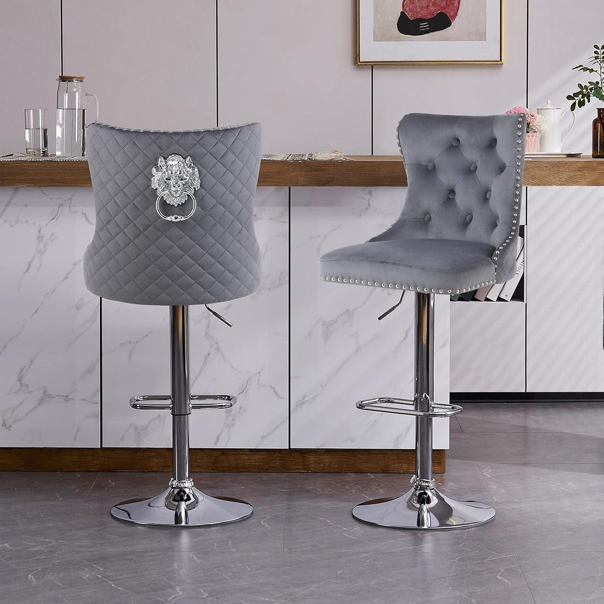 Samt Barhocker Set 4er – Höhenverstellbar, Grau