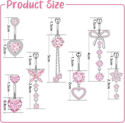 7 Stück Bauchnabelpiercing Rosa Chirurgenstahl Herz Schmetterling