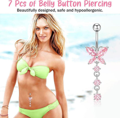 Bauchnabelpiercing 10mm Rosa Chirurgenstahl Set mit Schmetterling Herz