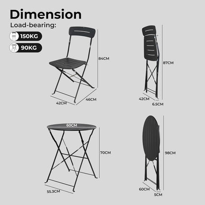 Bistro Set 3-teilig, wetterfest, klappbar, schwarz
