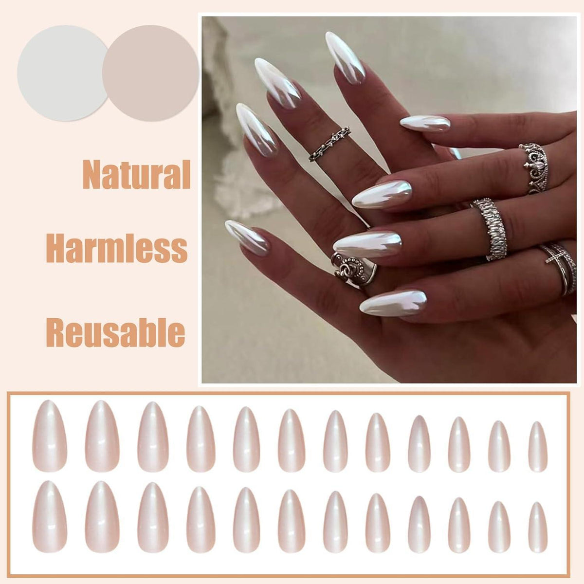 Press on Nails Mandel Silber – 24 Stück Künstliche Nägel