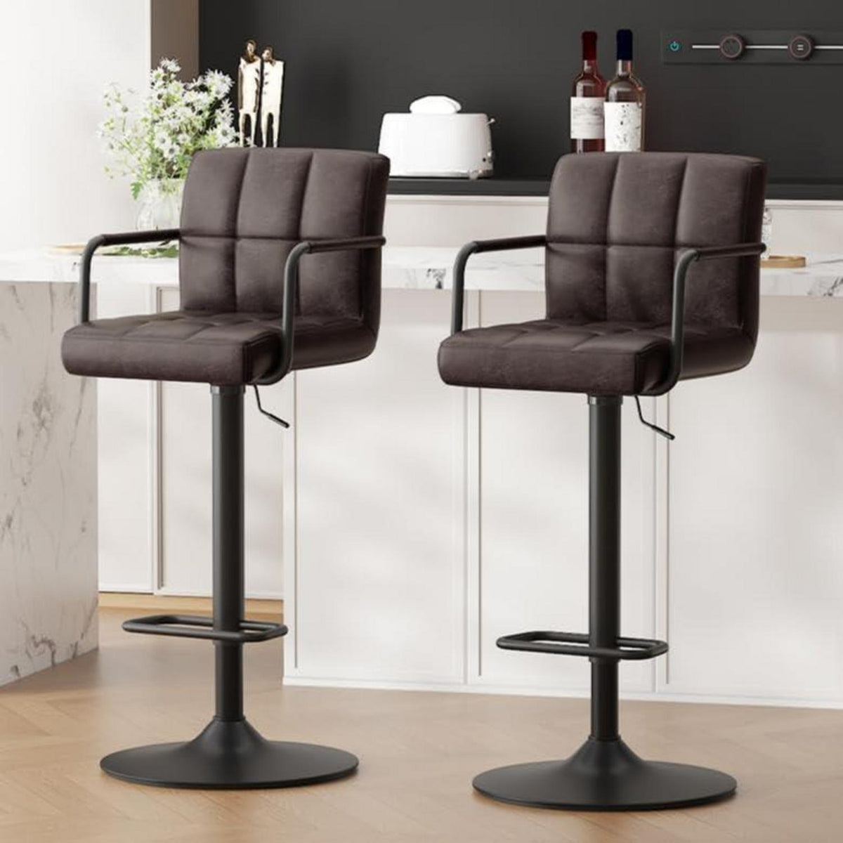Barhocker Set 2x Höhenverstellbar Schwarzbraun in Lederoptik