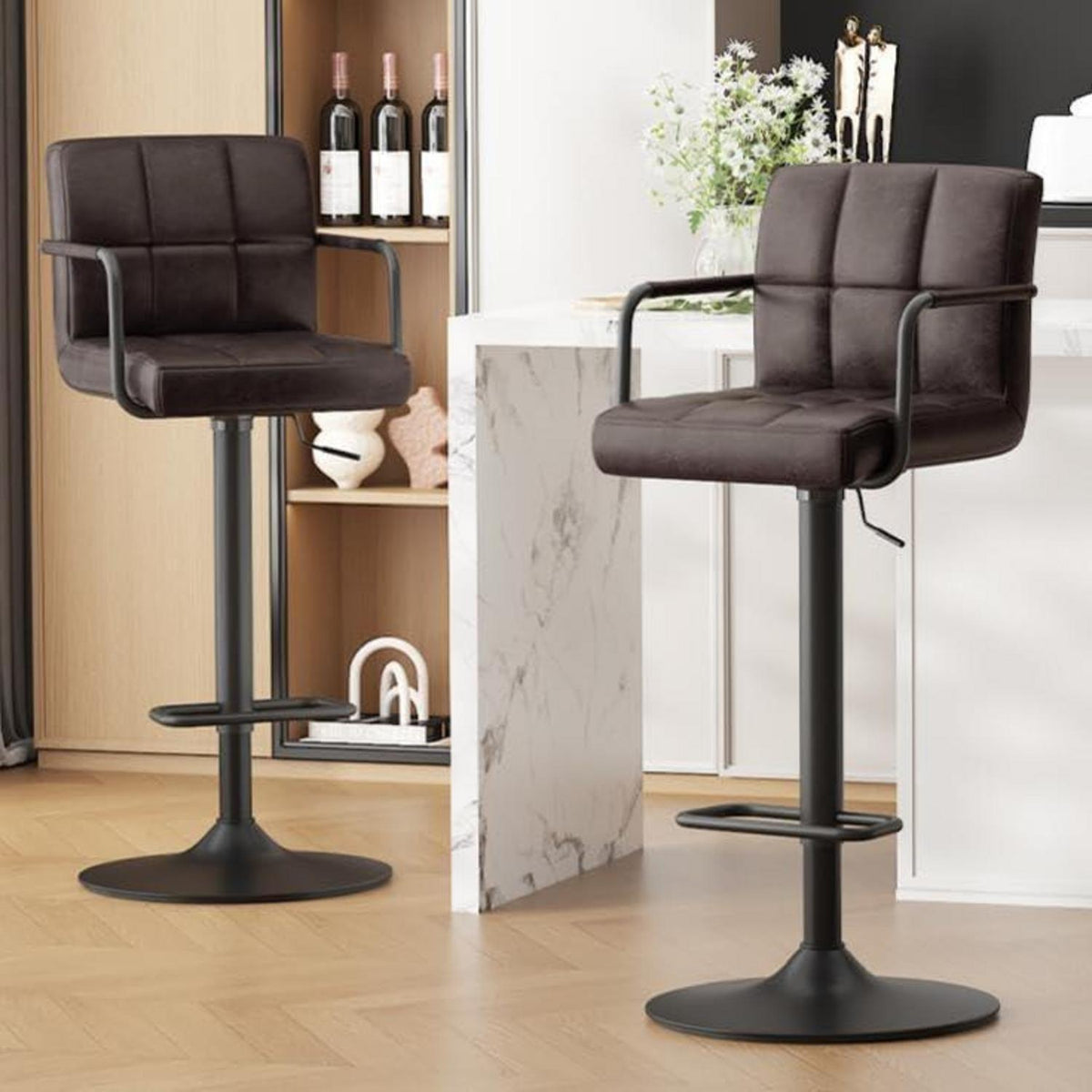 Barhocker Set 2x Höhenverstellbar Schwarzbraun in Lederoptik
