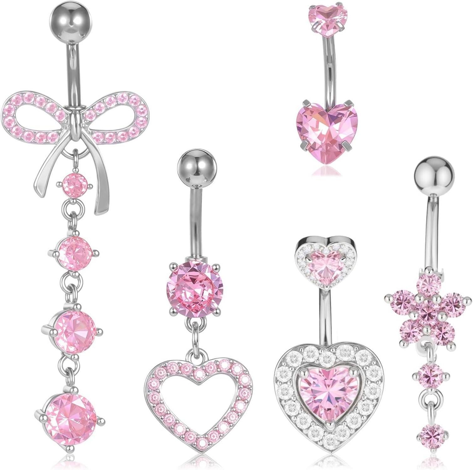 5er Set Bauchnabelpiercing Schmetterling Herz Blume Silber