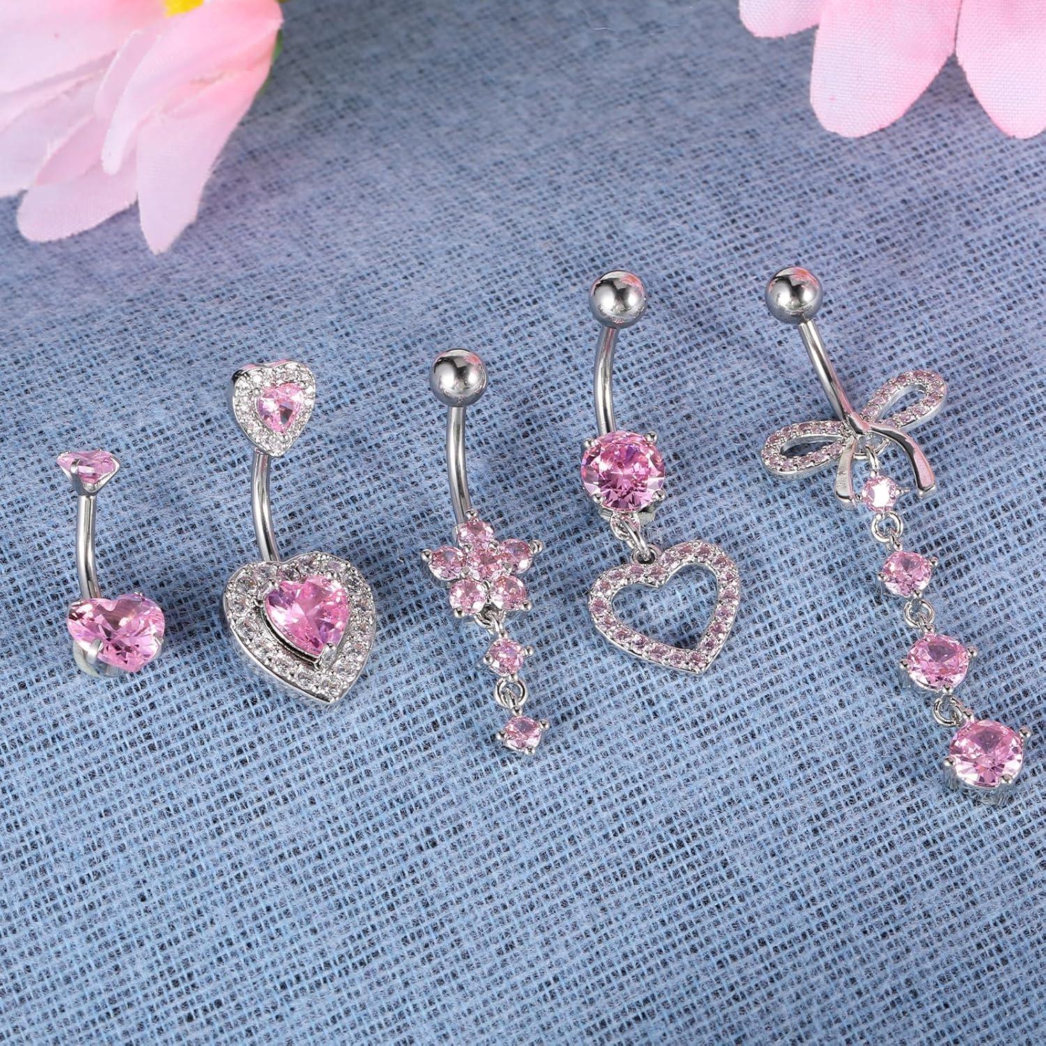5er Set Bauchnabelpiercing Schmetterling Herz Blume Silber