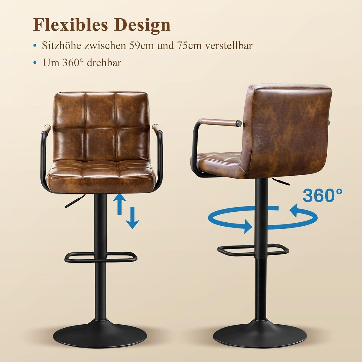 Barhocker Set 4er – Höhenverstellbar, Schwarzbraun in Lederoptik