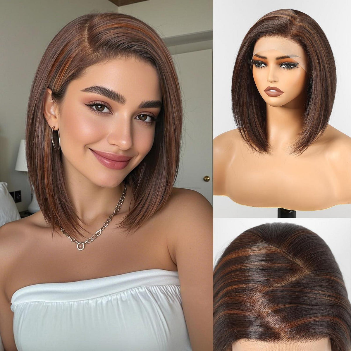 Braune Bob-Perücke mit Highlights, 25cm, HD Lace-Front