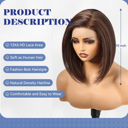 Braune Bob-Perücke mit Highlights, 25cm, HD Lace-Front