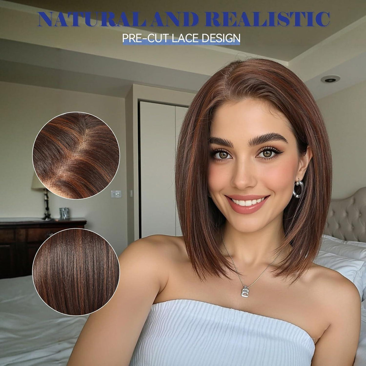 Braune Bob-Perücke mit Highlights, 25cm, HD Lace-Front