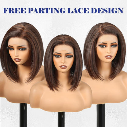 Braune Bob-Perücke mit Highlights, 25cm, HD Lace-Front