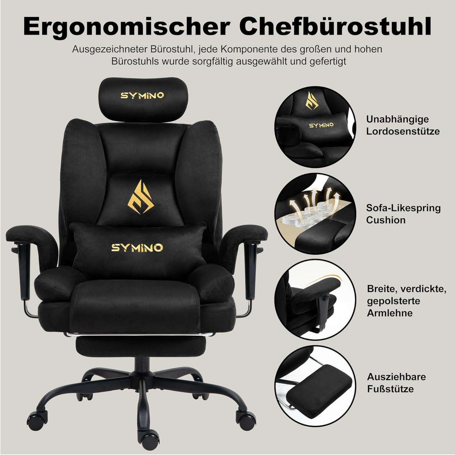 Gaming Stuhl mit Fußstütze, Ergonomisch, Höhenverstellbar, 130kg, Schwarz