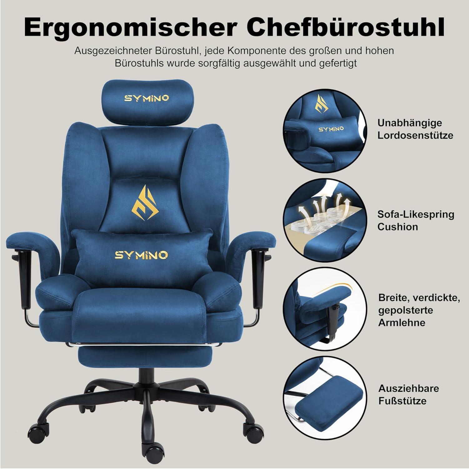Symino Gaming Stuhl Bürostuhl Ergonomisch mit Fußstütze Blau