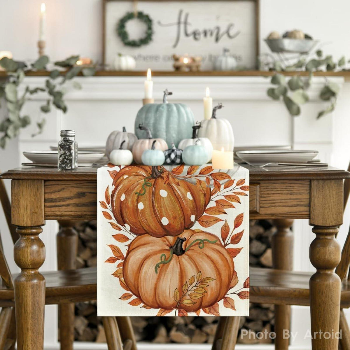 Herbst Tischläufer mit Kürbis- und Blättermuster, 40x140 cm, Beige