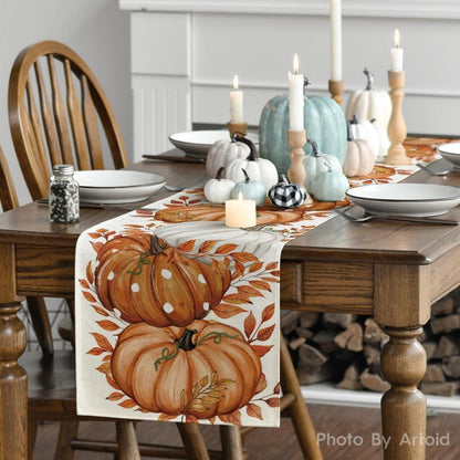 Herbst Tischläufer mit Kürbis- und Blättermuster, 40x140 cm, Beige