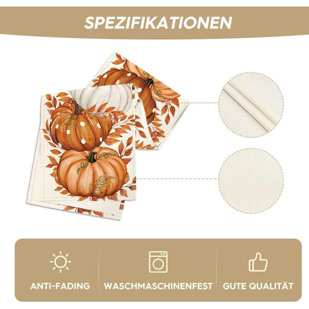 Herbst Tischläufer mit Kürbis- und Blättermuster, 40x140 cm, Beige