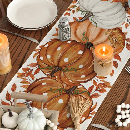 Herbst Tischläufer mit Kürbis- und Blättermuster, 40x140 cm, Beige