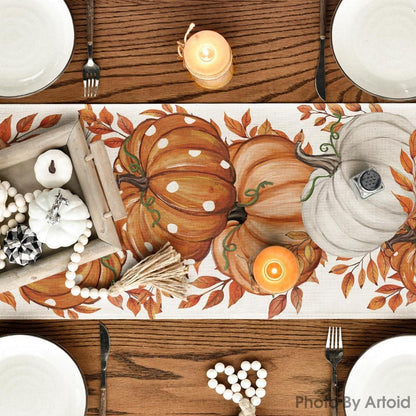 Herbst Tischläufer mit Kürbis-Motiv, 40x180 cm, Beige