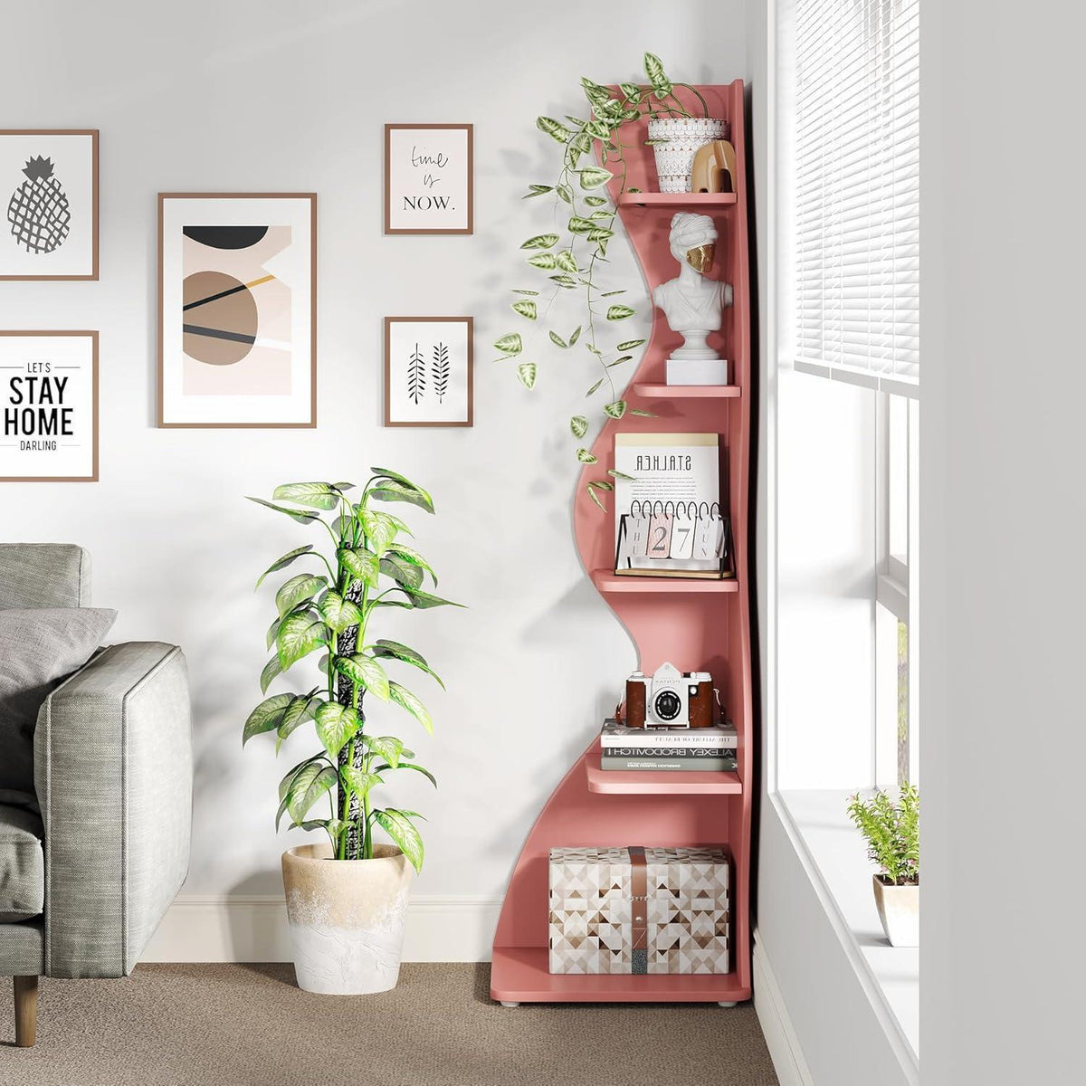 5-stufiges Eckregal Rosa – Bücherregal & Pflanzenständer