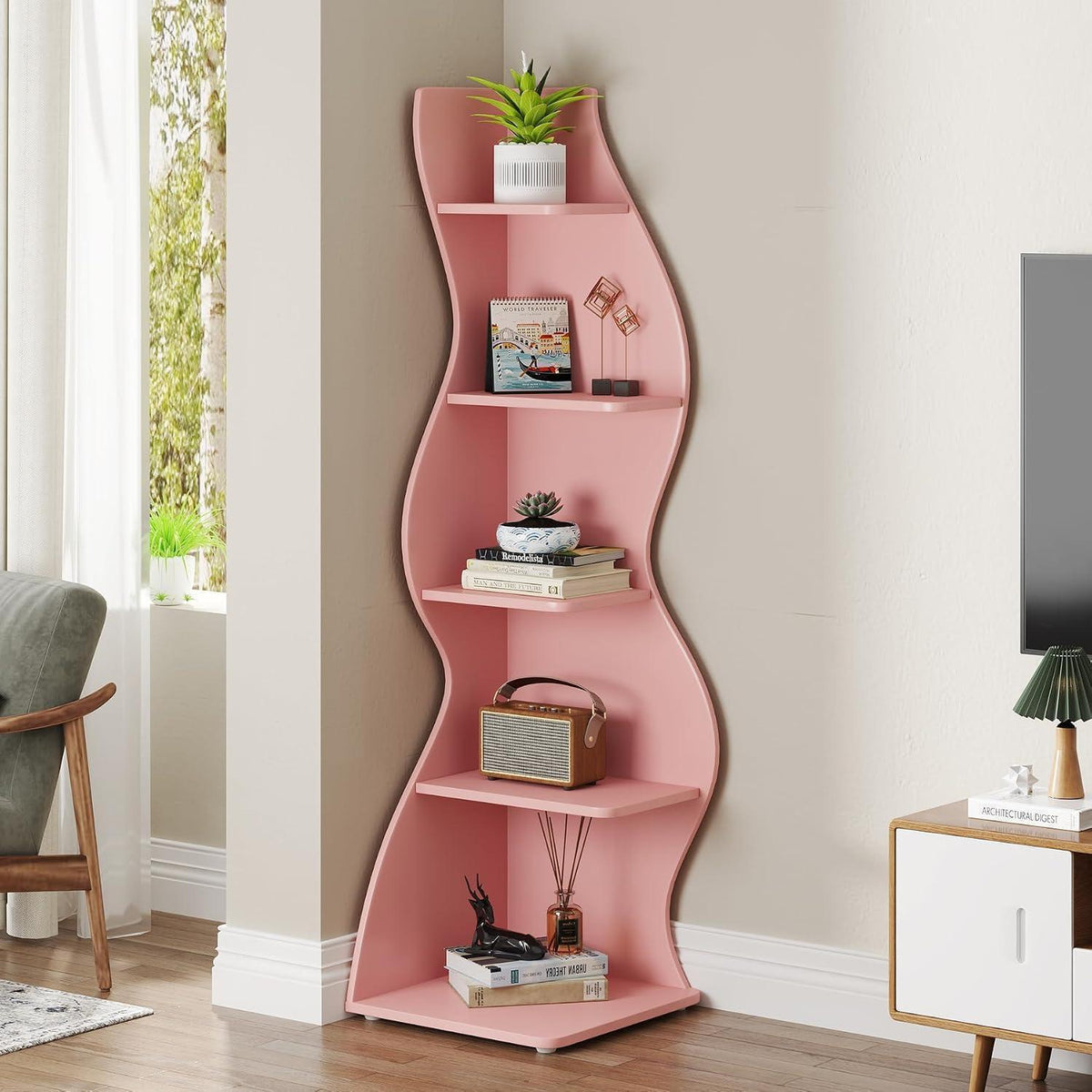 Modernes Eckregal 5-Ebenen - Weißes Bücherregal für Zuhause