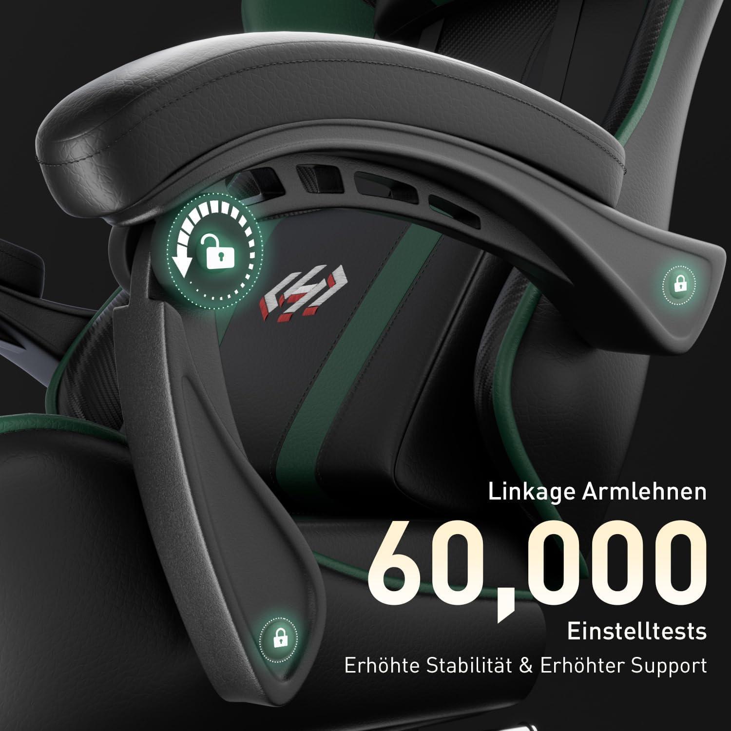 Gaming Stuhl mit Taschenfederkissen und Fußstütze Schwarz-Grün, 150 kg Belastbarkeit