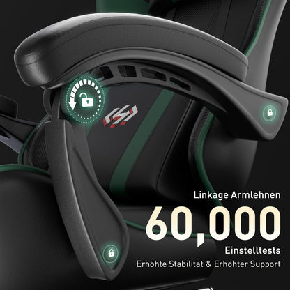 Gaming Stuhl mit Taschenfederkissen und Fußstütze Schwarz-Grün, 150 kg Belastbarkeit