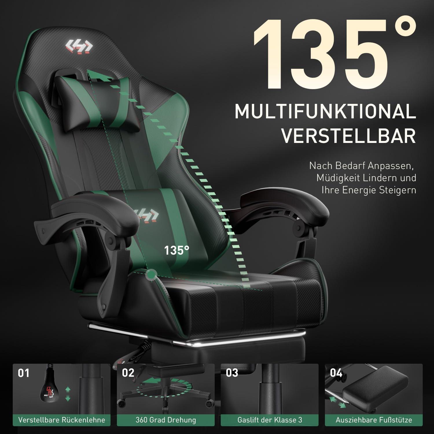 Gaming Stuhl Racing Schwarz-Grün mit Fußstütze und Lendenwirbelstütze