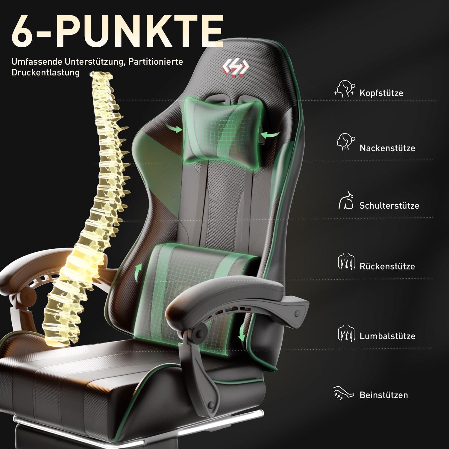 Ergonomischer Gaming Stuhl mit Fußstütze & Taschenfederkissen