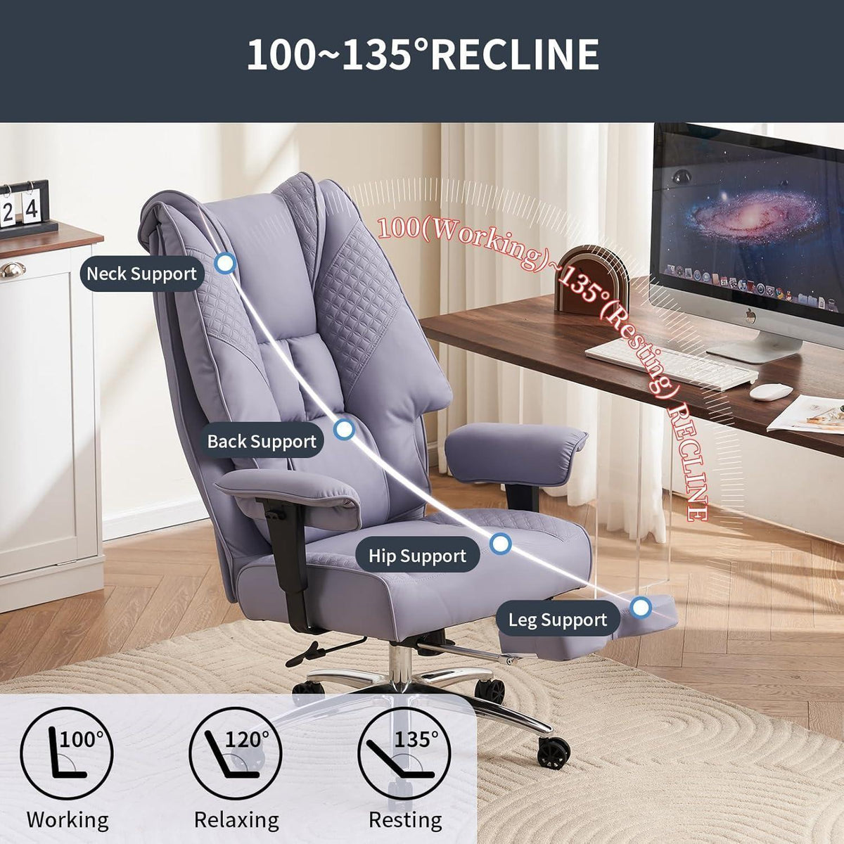 XXL Ergonomischer Bürostuhl mit hoher Rückenlehne, bis 200 kg belastbar (Helllila)