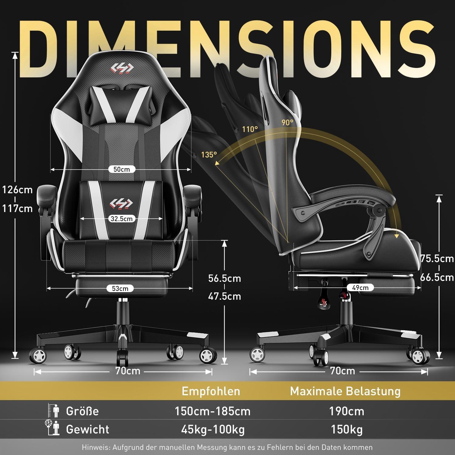 Ergonomischer Gaming Stuhl mit Fußstütze und Lendenwirbelstütze