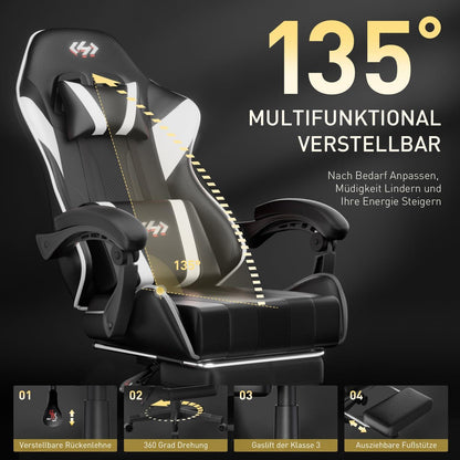 Gaming Stuhl Schwarz-Weiß mit Taschenfederkissen & Fußstütze