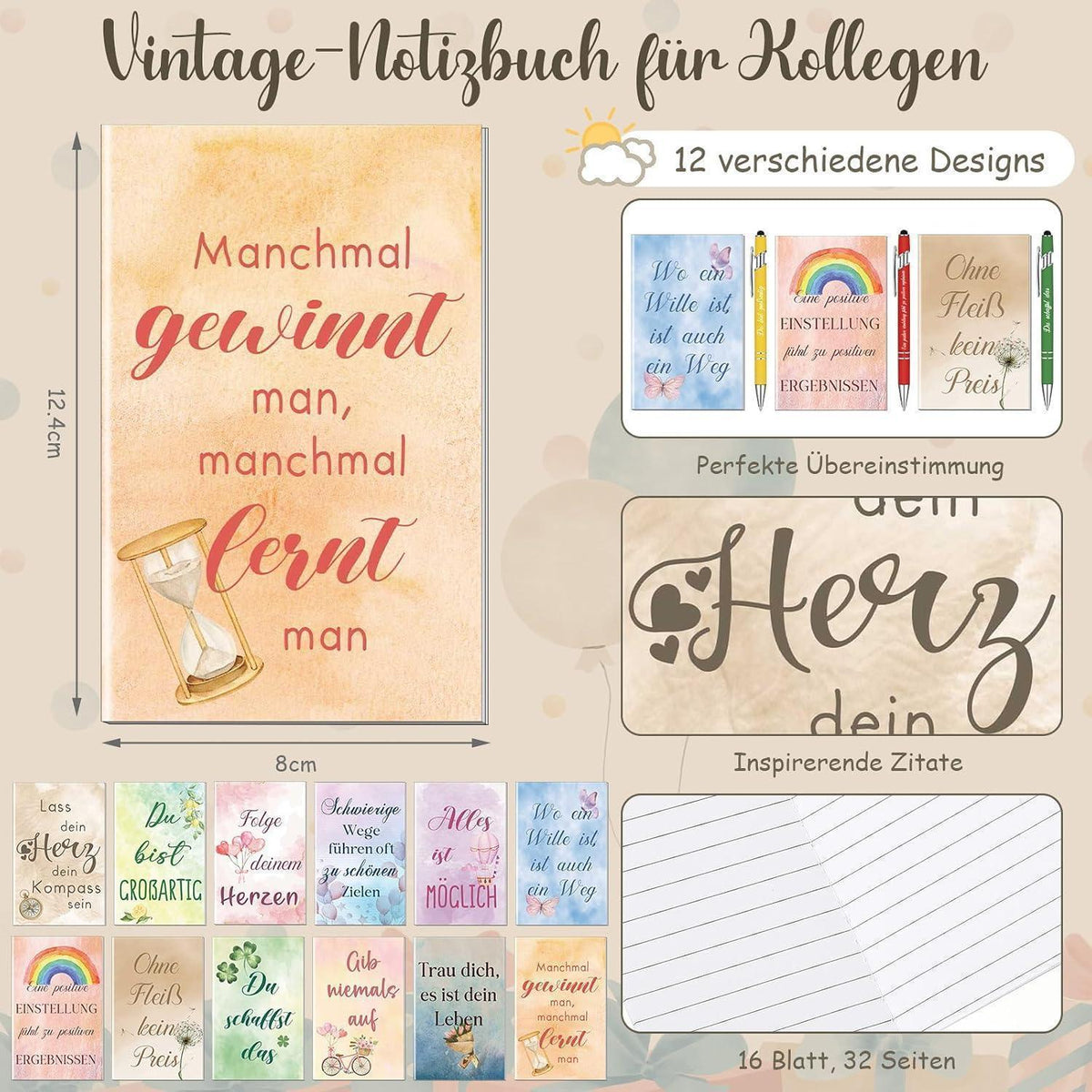 12 Set Dankeschön Geschenke Notizbücher & Stifte mit inspirierenden Zitaten