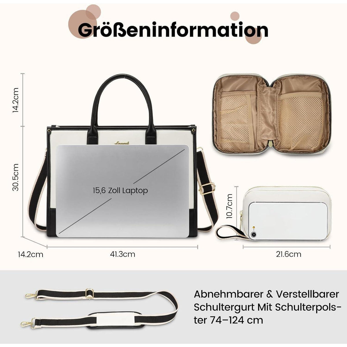Laptoptasche Damen 15,6 Zoll, wasserdicht, Arbeitstasche, beige+schwarz