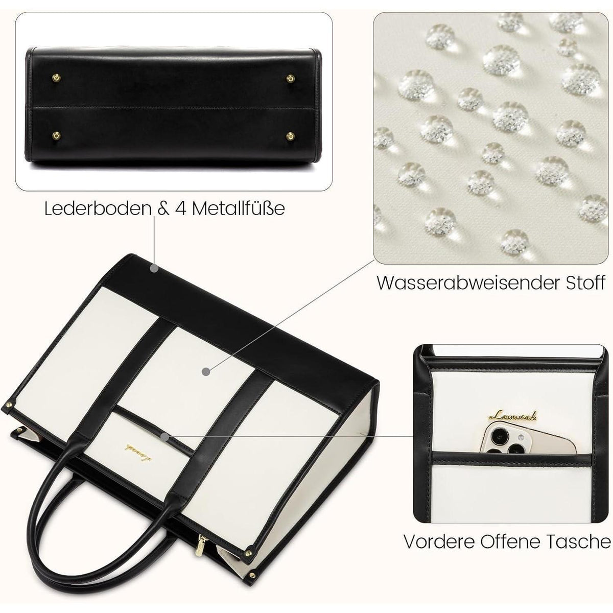 Laptoptasche Damen 15,6 Zoll, wasserdicht, Arbeitstasche, beige+schwarz