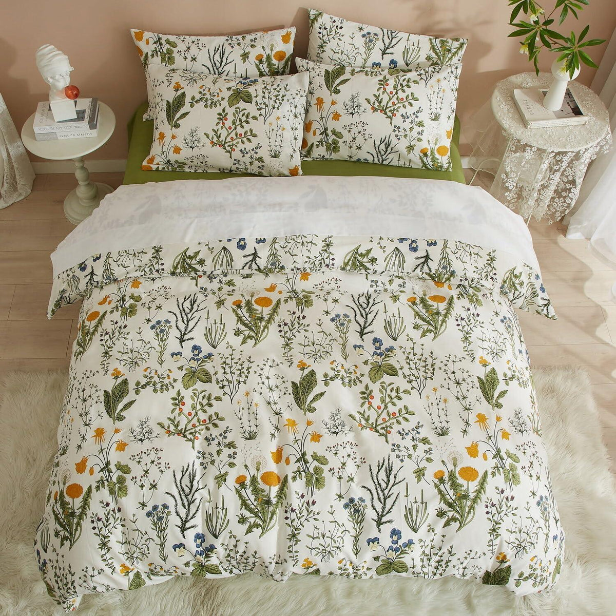 Blumen Bettwäsche Set 135x200 Baumwolle Weiß Grün 4tlg.