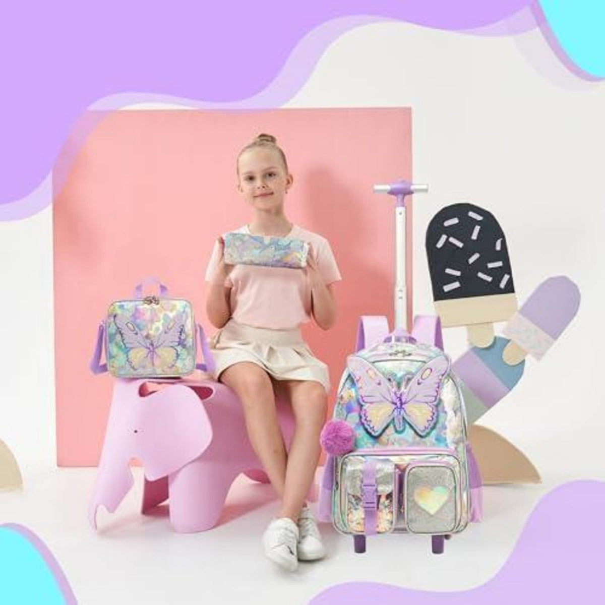 Kinder Trolley Rucksack mit Schmetterling – Schulrucksack auf Rädern