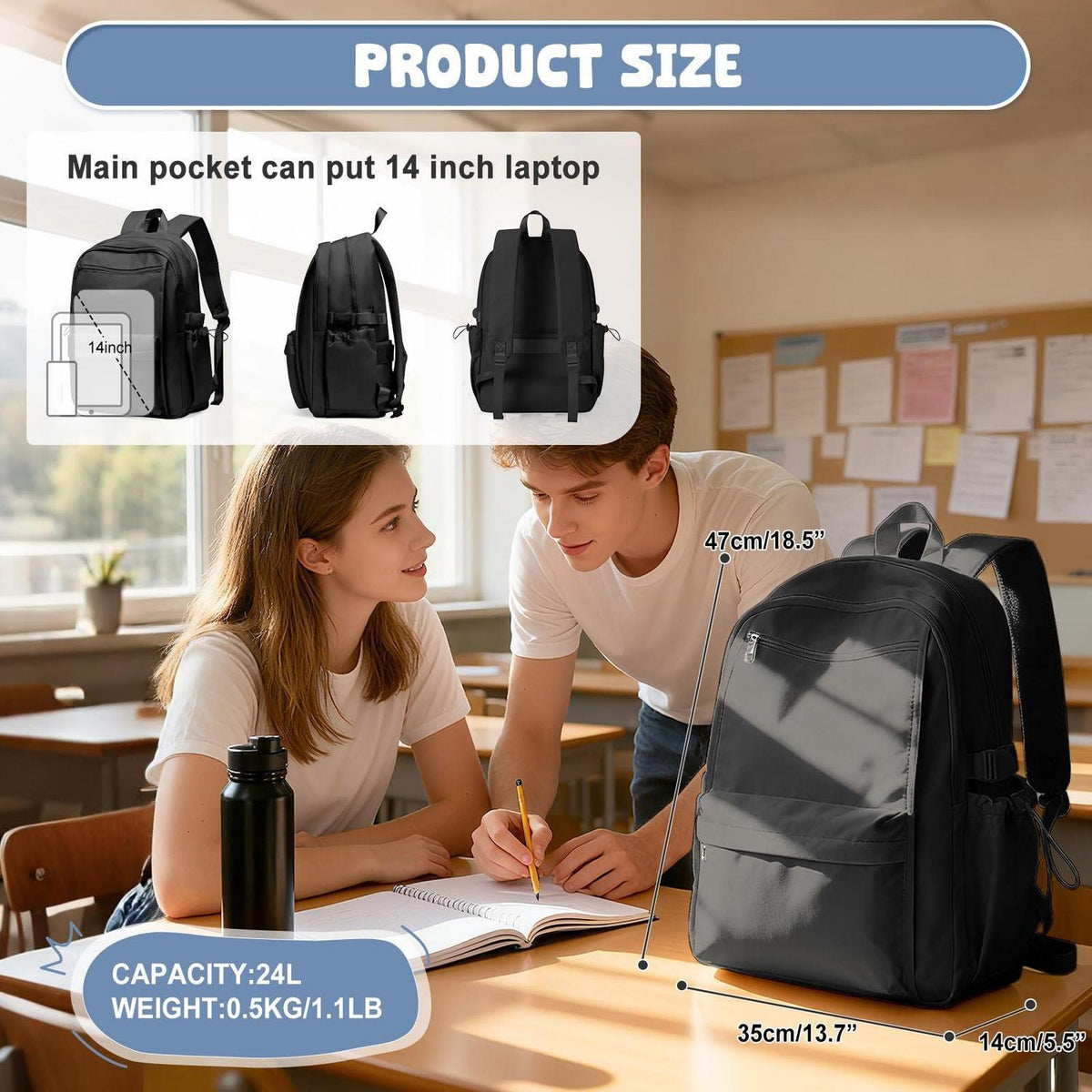Schulrucksack Mädchen Schwarz – 24L Laptopfach & viele Fächer