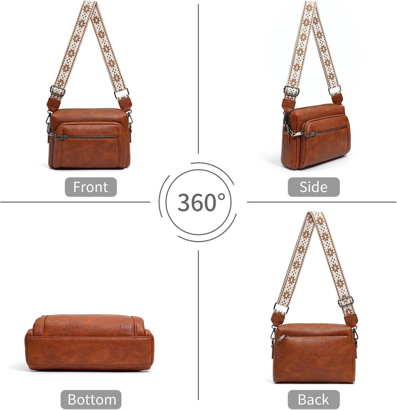 Umhängetasche Damen Leder Crossbody Bag Anti-Diebstahl 4 Fächer