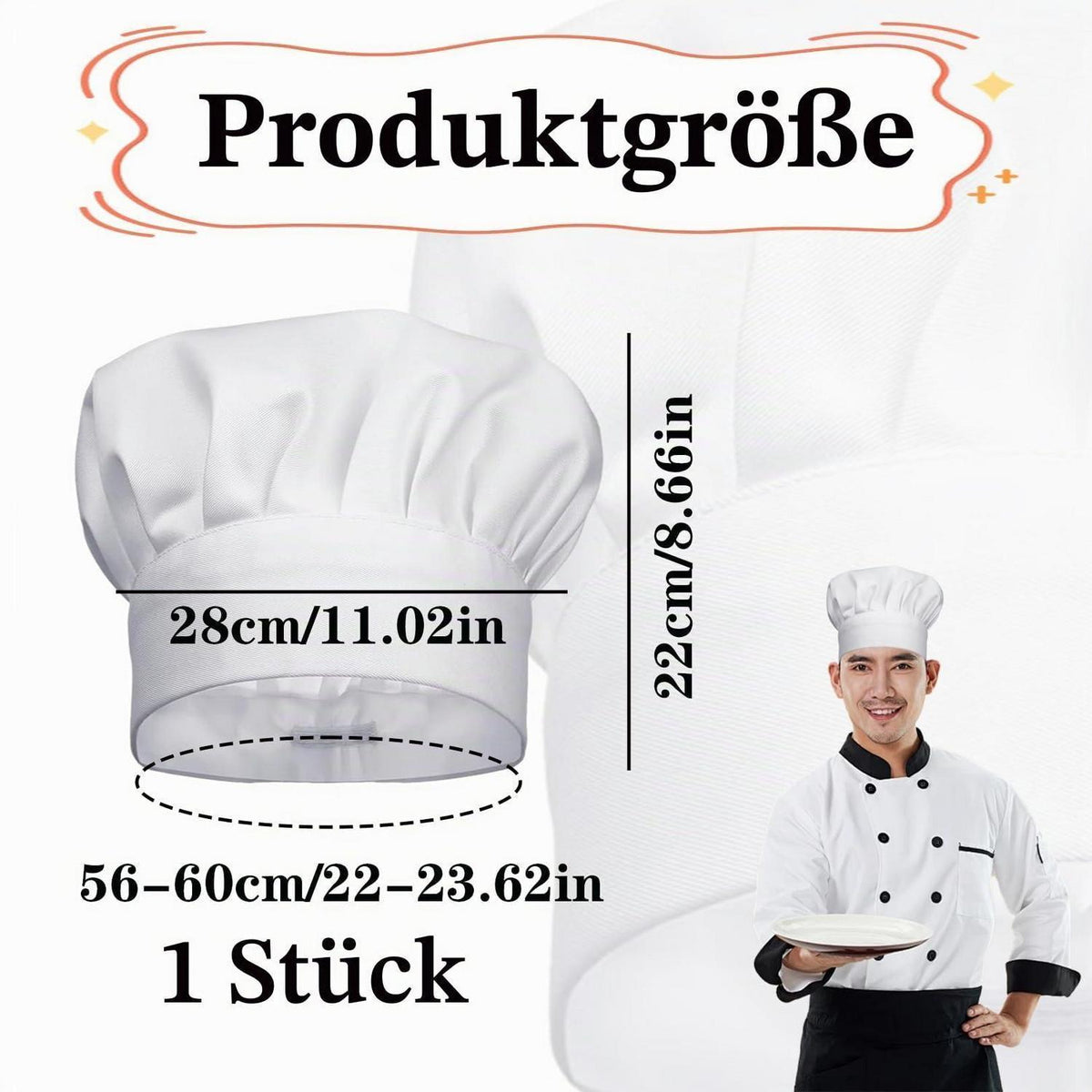 Kochmütze Weiß Baumwolle Unisex für Erwachsene