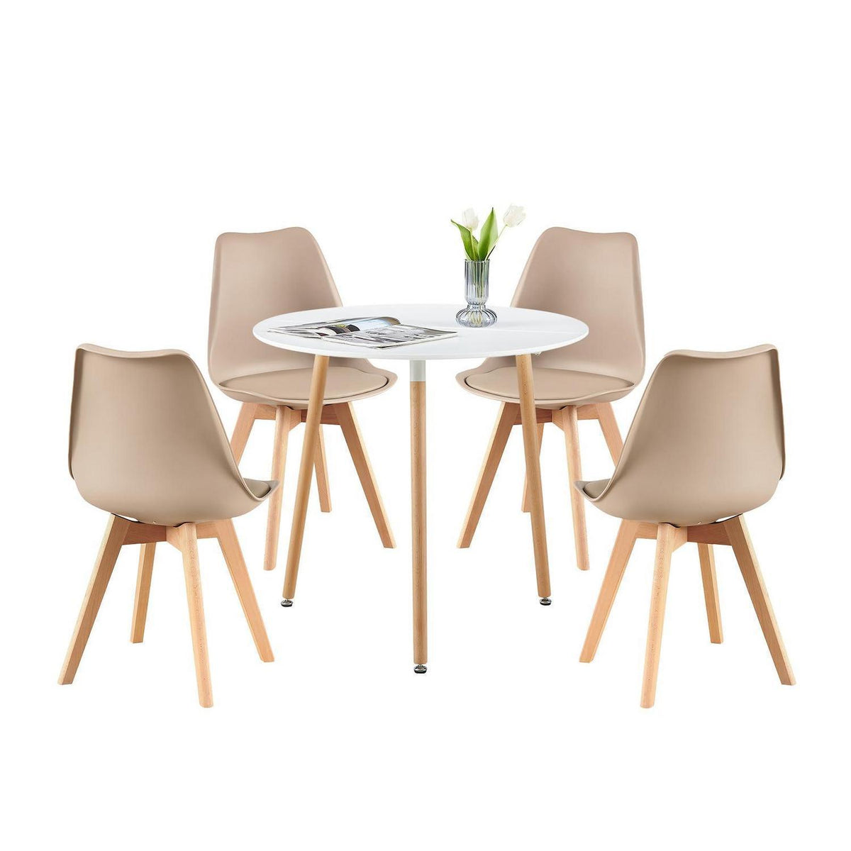 Runde Essgruppe weiß mit 4 skandinavischen Stühlen