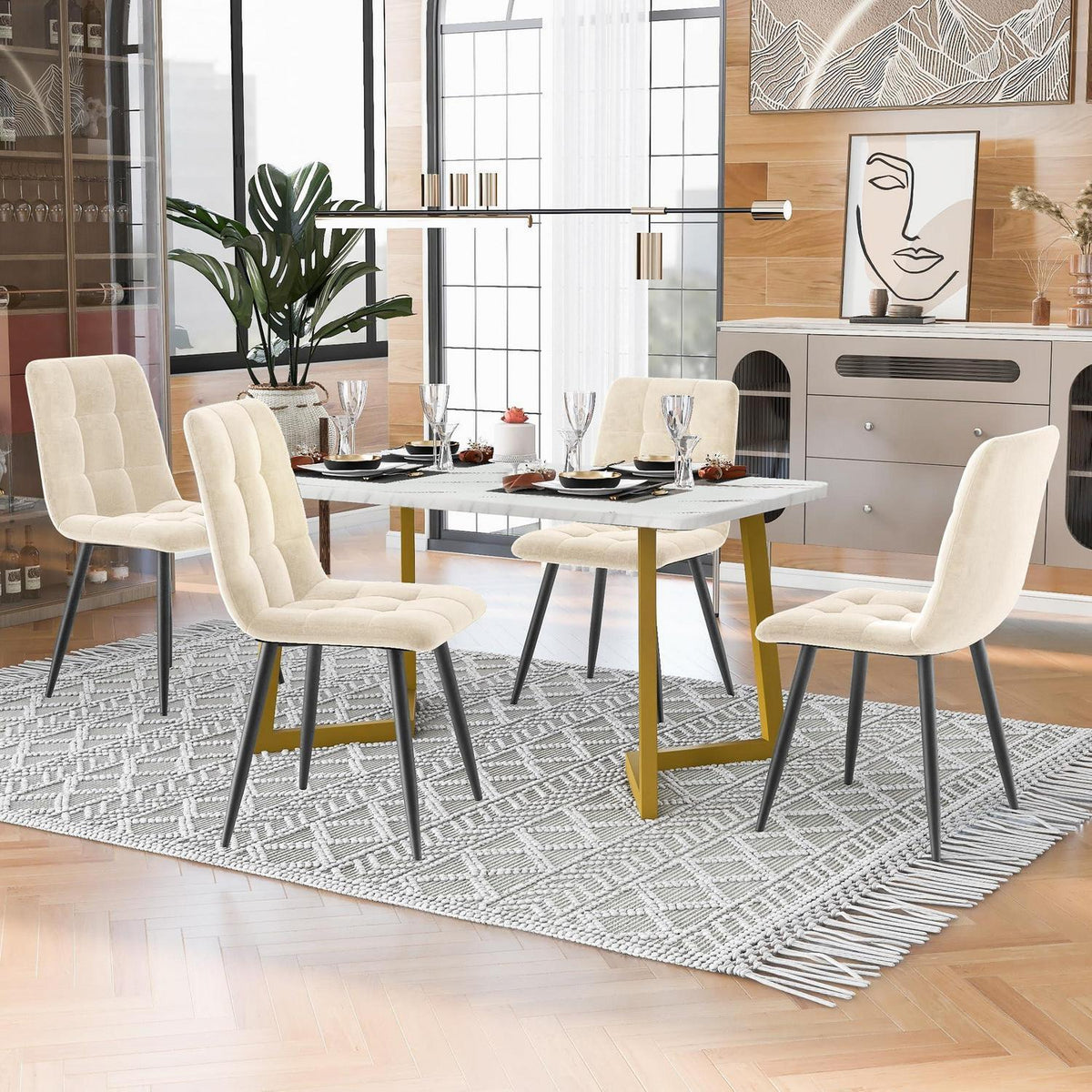 Esstisch Set 117cm mit 4 Samtstühlen – Modernes Esszimmer