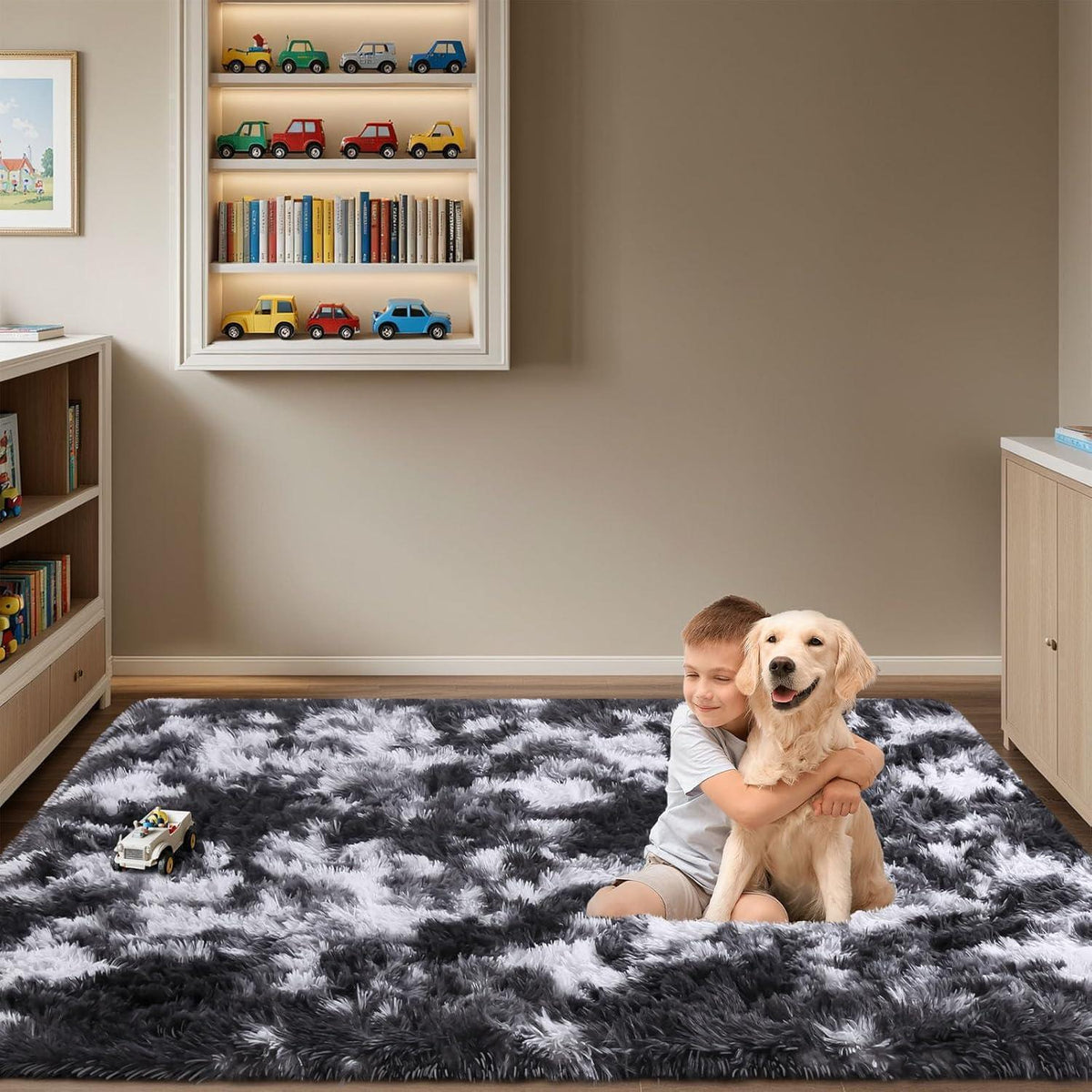 Hochflor Teppich Grau 160x230 – Waschbarer Shaggy Wohnzimmer Teppich