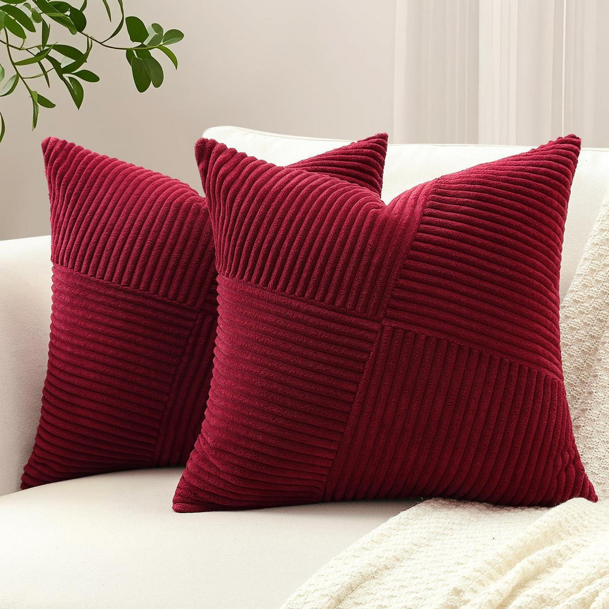 2x Cord Kissenbezug gestreift, 40x40cm, Burgund
