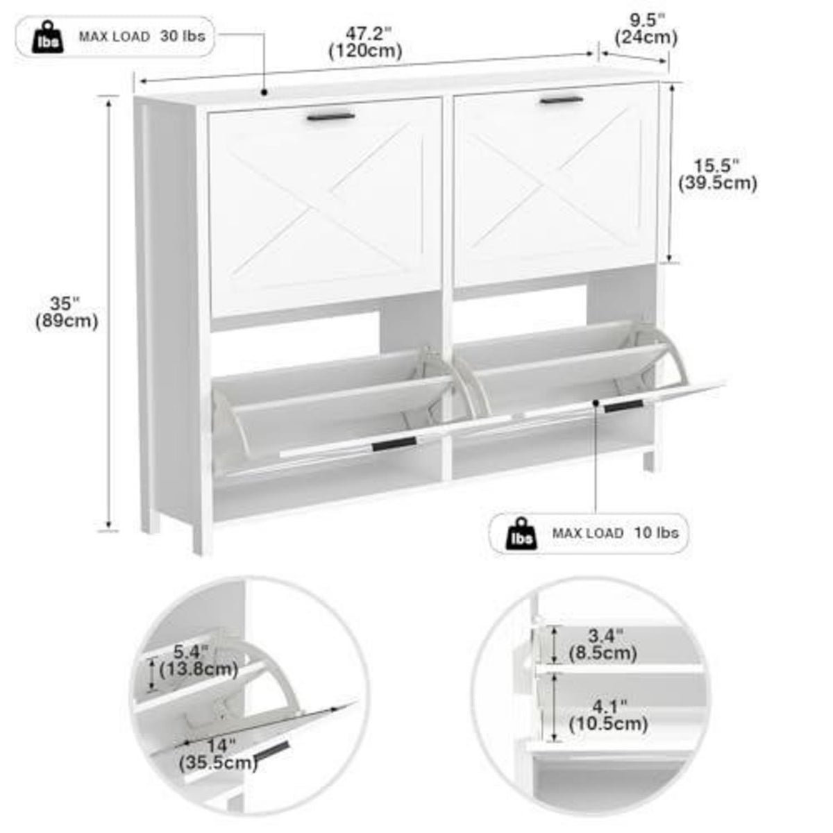Weißer Schuhschrank mit 2 Klappen & Schublade – 120x24x89cm