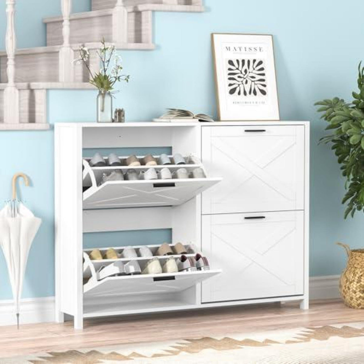 Weißer Schuhschrank mit 2 Klappen & Schublade – 120x24x89cm