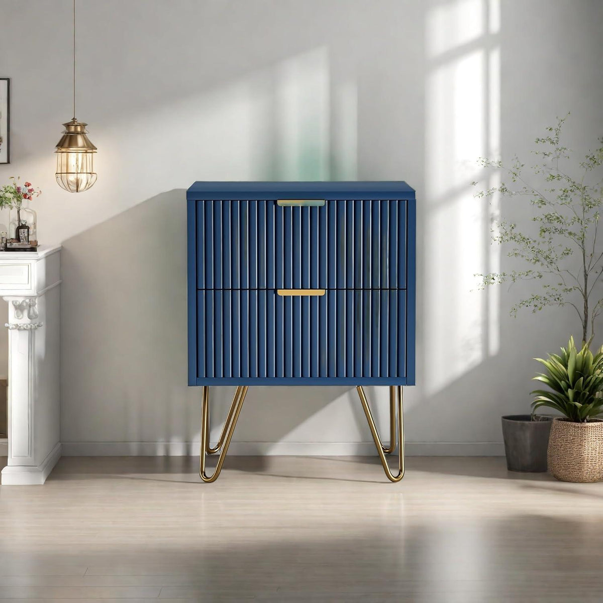 Moderner Nachttisch Blau-Gold mit 2 Schubladen