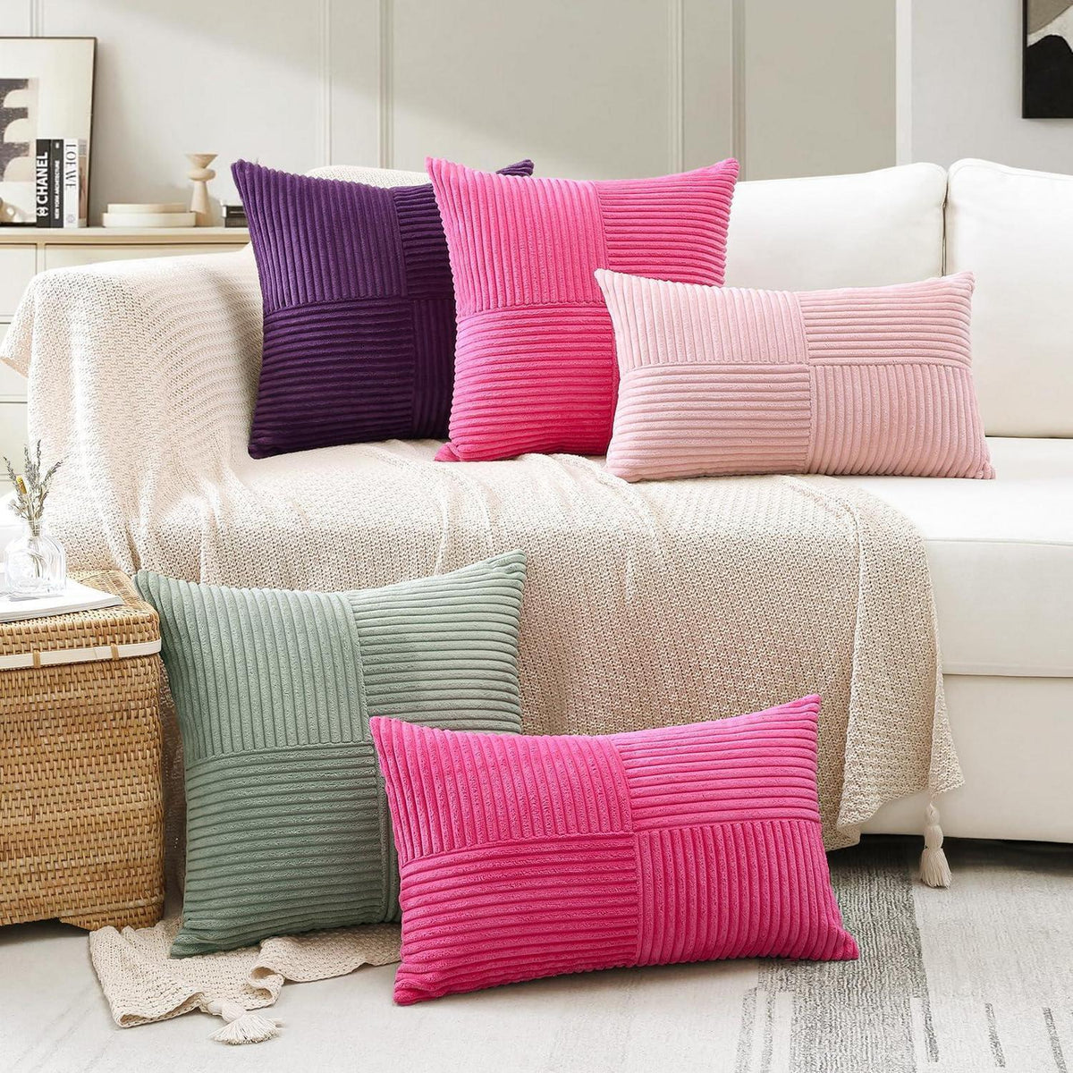Cord Kissenbezug 40x60 cm, Hellgrau, 2er Set, Streifenmuster