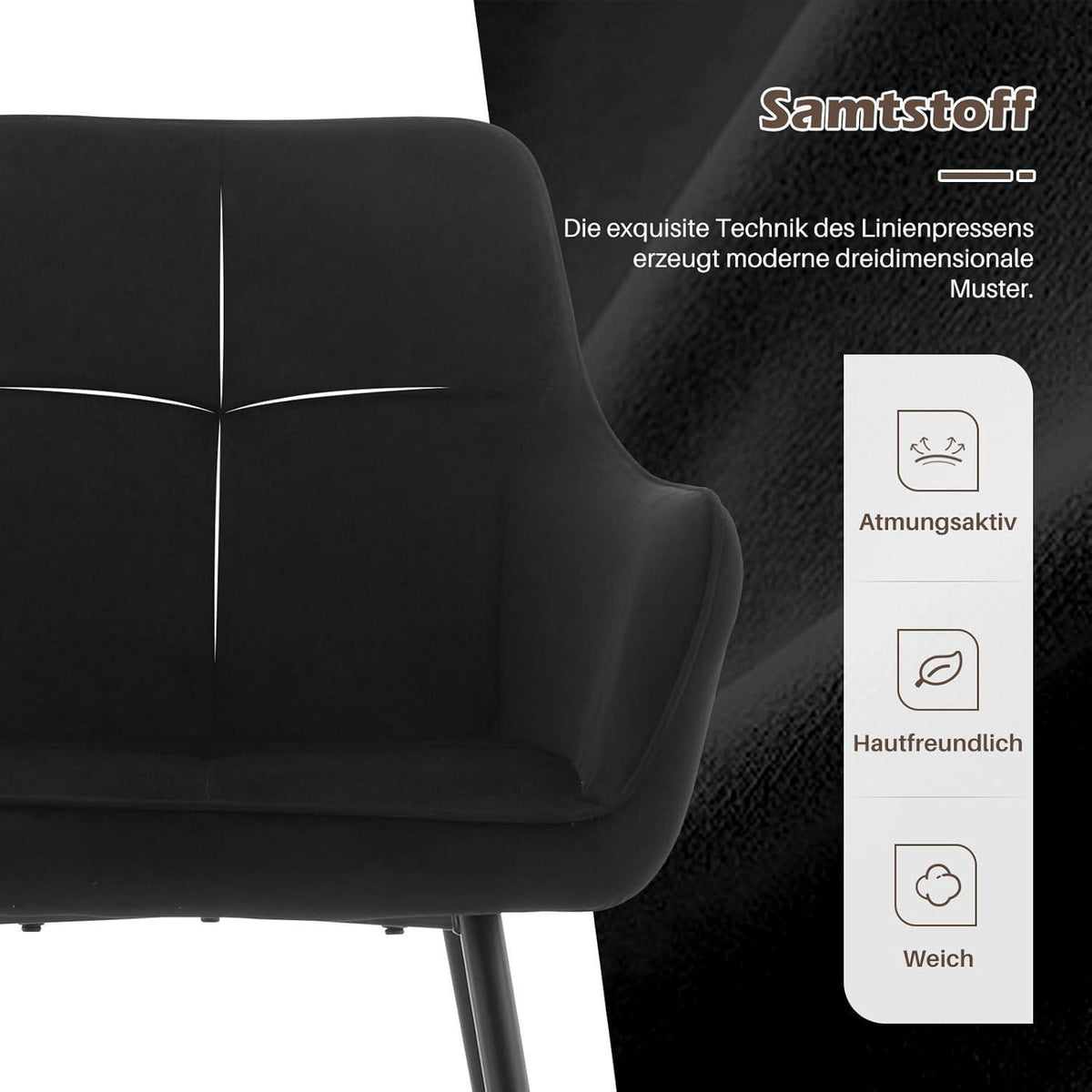 Esszimmerstühle Set 6 Schwarz Samt mit Armlehne
