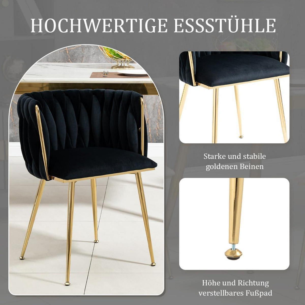 Samt Esszimmerstühle 2er Set mit goldenen Beinen