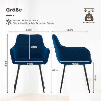 Blau Samt Esszimmerstühle 6er Set mit Armlehne