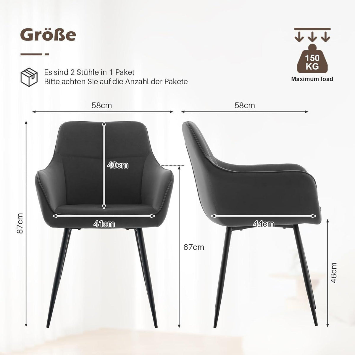 Esszimmerstühle 6er-Set Grau Samt mit Armlehne & Metallgestell